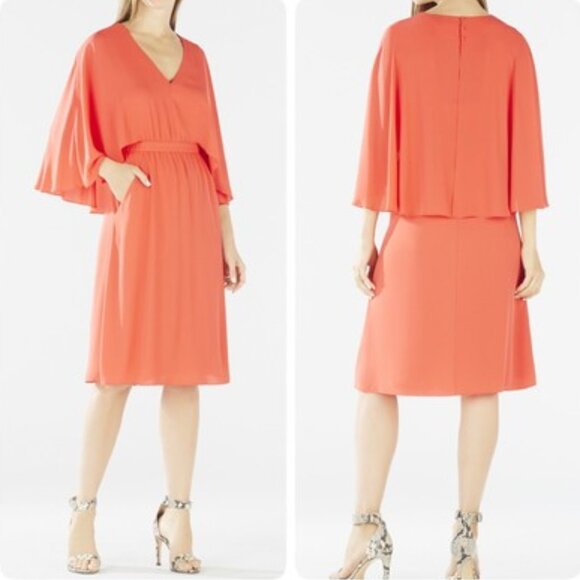 BCBGMaxAzria Brittni Chiffon Cape Dress Forest Green XS Split Back Wedding Guest - Picture 13 of 15